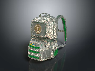 Tactical Military Weapon Backpack In Camouflage Pattern With Green Accents And Badge Design 3d model