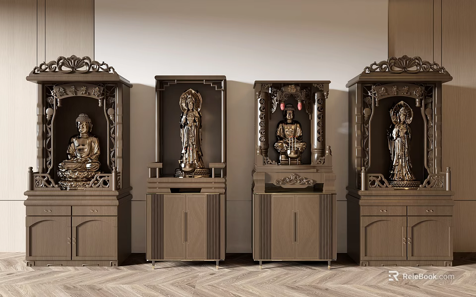 Traditional Wooden Buddhist Shrine Cabinets With Intricate Carvings And Buddha Statues 3d model 