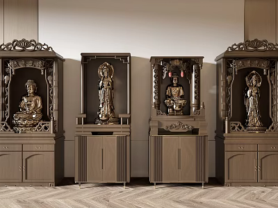 Traditional Wooden Buddhist Shrine Cabinets With Intricate Carvings And Buddha Statues 3d model