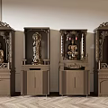 Traditional Wooden Buddhist Shrine Cabinets With Intricate Carvings And Buddha Statues