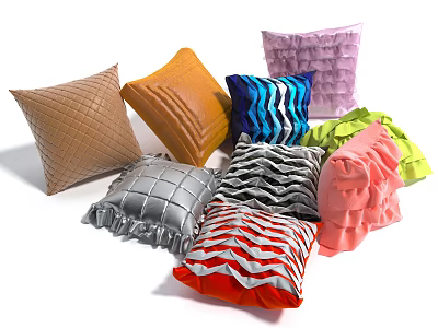 Colorful Decorative Pillows With Ruffled Striped And Quilted Textures For Home 3d model