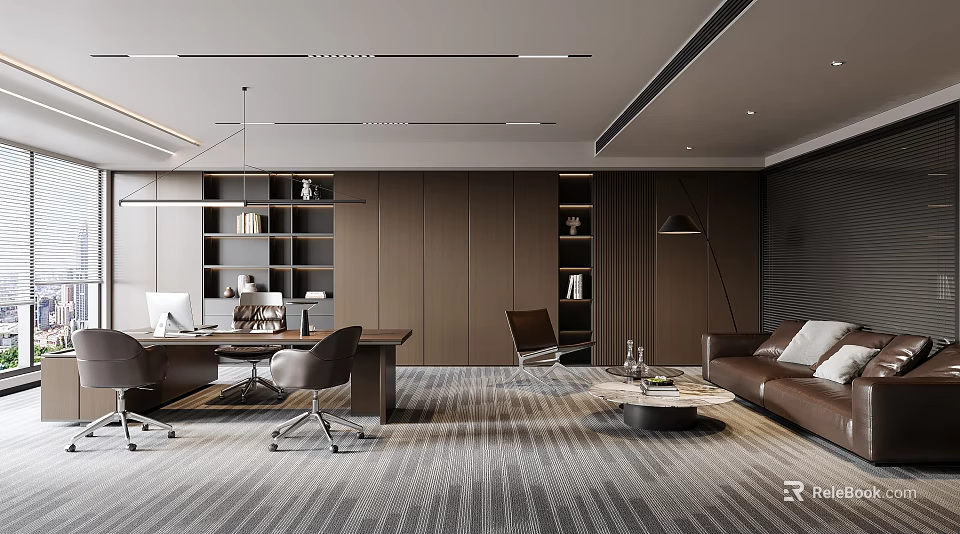 Modern Office Interior Design With Wooden Desk Sofa Bookshelves Striped Carpet And Lighting 3d model 
