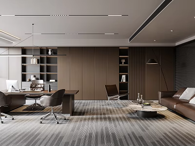 Modern Office Interior Design With Wooden Desk Sofa Bookshelves Striped Carpet And Lighting 3d model