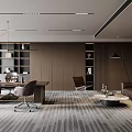 Modern Office Interior Design With Wooden Desk Sofa Bookshelves Striped Carpet And Lighting