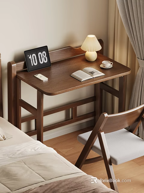 Wooden Desk and Chair Set with Clock Lamp Coffee Cup Open Book and Gray Cushion 3d model 