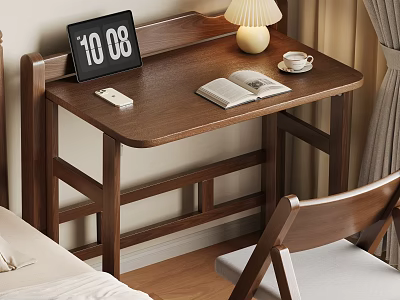 Wooden Desk and Chair Set with Clock Lamp Coffee Cup Open Book and Gray Cushion 3d model