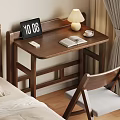 Wooden Desk and Chair Set with Clock Lamp Coffee Cup Open Book and Gray Cushion