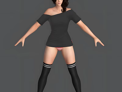 Stylish Woman Wearing Black Off Shoulder Top And Striped Shorts With Thigh High Socks 3d model