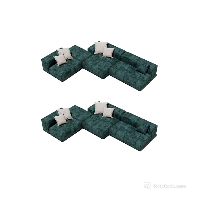 Luxury Green Sectional Sofa With Multiple Seats And Soft Pillows 3d model