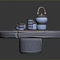 Ceramic Tea Set With Teapot Cups And Jars On Striped Mat Over Round Table