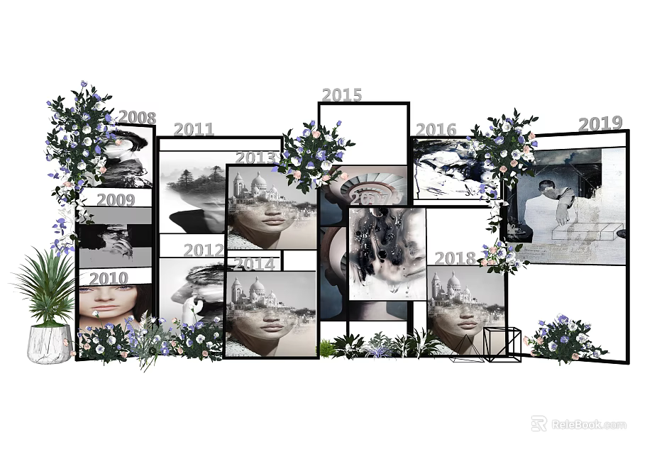 Floral Display with Black and White Photos Spanning Multiple Years 3d model 