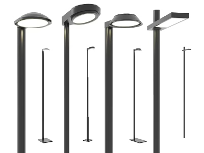 Modern Outdoor Lights with Black Poles and Various Round Square Shade Designs 3d model