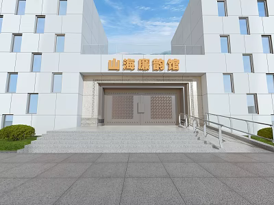 Entrance Gate Of White Modern Museum Building With Golden Plaque Steps And Green Shrubs 3d model