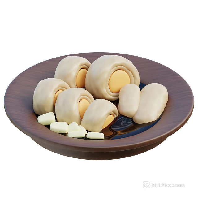 Delicious Rolled Pastry With Yellow Filling And White Cheese Cubes On Brown Plate 3d model 