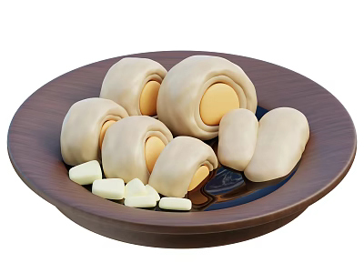 Delicious Rolled Pastry With Yellow Filling And White Cheese Cubes On Brown Plate 3d model