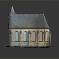 Traditional Church Building With Gray Roof Stone Exterior Tower Spire And Arched Windows