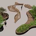 Modern Outdoor Tree Planter With Curved Wooden Structure And Green Plants