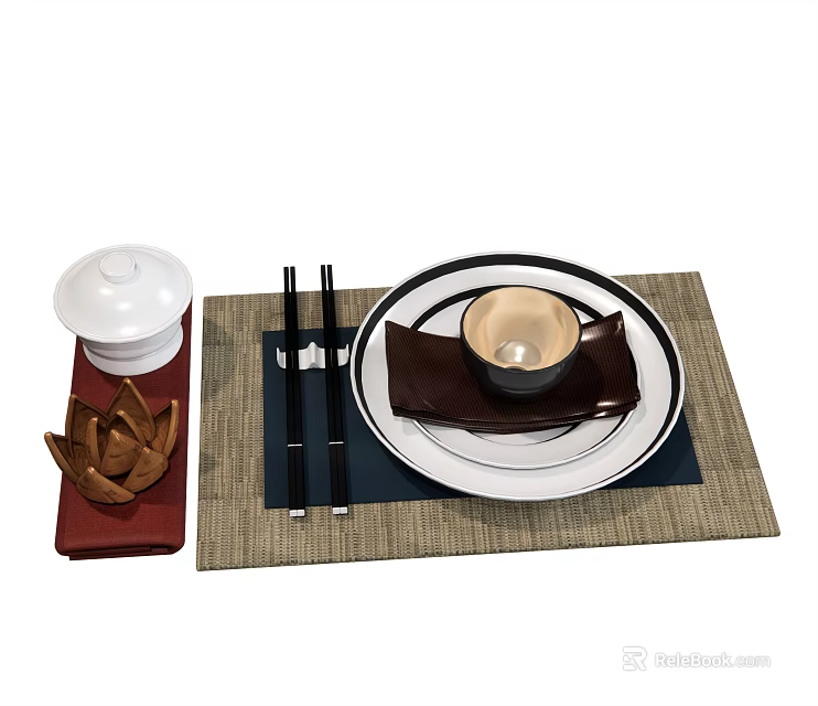 Complete Tableware Set with White Lidded Container Chopsticks Black Bowl and Plate on Woven Placemat 3d model 