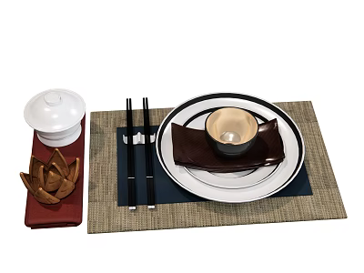 Complete Tableware Set with White Lidded Container Chopsticks Black Bowl and Plate on Woven Placemat 3d model