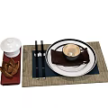 Complete Tableware Set with White Lidded Container Chopsticks Black Bowl and Plate on Woven Placemat