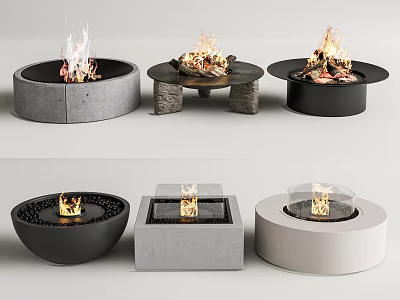 Modern Fireplaces In Various Styles With Concrete Metal Bases And Burning Flames 3d model
