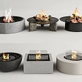 Modern Fireplaces In Various Styles With Concrete Metal Bases And Burning Flames