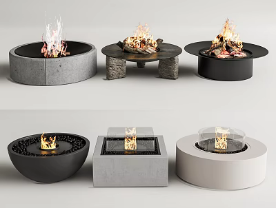 Modern Fireplaces In Various Styles With Concrete Metal Bases And Burning Flames 3d model