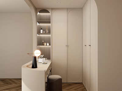 Modern Walk in Closet with Arched Ivory Cabinets Open Shelving Dressing Table Lamp and Herringbone Floor 3d model