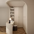 Modern Walk in Closet with Arched Ivory Cabinets Open Shelving Dressing Table Lamp and Herringbone Floor