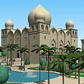 Traditional Hotel Building With Beige Domes Arched Windows Columns And Palm Trees