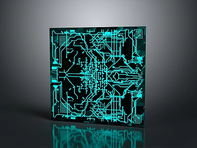 Illuminated Computer Circuit Board With Blue Circuits On Black Reflective Surface 3d model