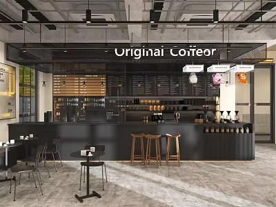Stylish Original Coffeeor Café Interior With Black Bar Counter Bar Stools Tables And Chairs 3d model