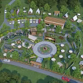 Scenic Camping Site Featuring Multiple Tents Circular Fire Pit Wooded Area and Outdoor Seating