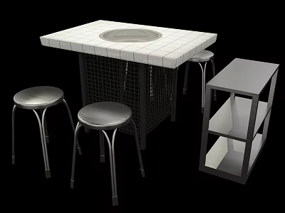Modern Dining Table Set With White Tiled Top Circular Hole Metal Stools And Shelf Unit 3d model