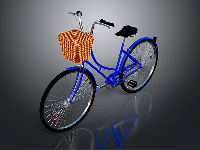 Blue Bicycle with Brown Wicker Basket and Black Seat in Classic Style 3d model