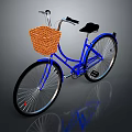 Blue Bicycle with Brown Wicker Basket and Black Seat in Classic Style