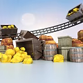 Gold Mining Scene With Mine Carts Rail Tracks Gold Nuggets And Barrels