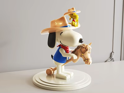 Snoopy Cowboy Doll Wearing Blue Outfit Red Scarf Riding Wooden Horse With Yellow Bird 3d model