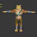 Man In Tiger Patterned Costume With Outstretched Arms Tiger Head Mask And Green Pants