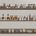 Organized Kitchen Shelves With Various Spice Jars Ceramic Bowls And Neutral Tone Kitchenware 3d model
