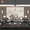 Chinese Style Living Room Interior With Mountain Water Backdrop Chandelier Sofa And Coffee Table