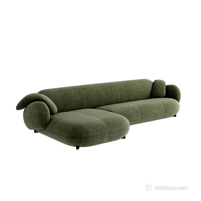 Olive Green Velvet Sectional Sofa With Rounded Arms And Modern Comfort Design 3d model 