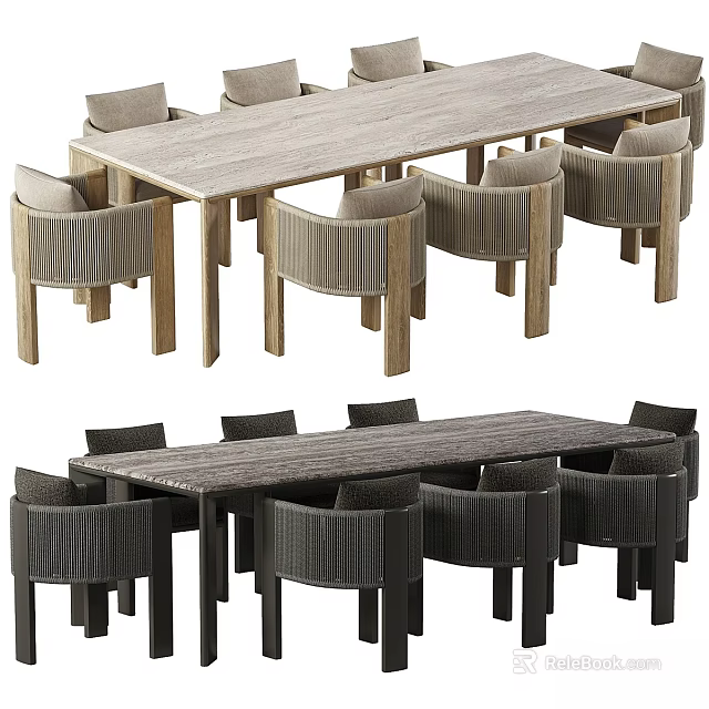 Modern Light And Dark Wood Dining Table Set With Wicker Chairs For Dining Room 3d model 