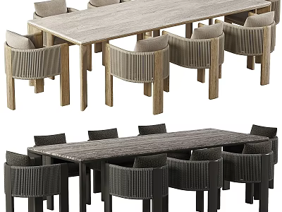 Modern Light And Dark Wood Dining Table Set With Wicker Chairs For Dining Room 3d model