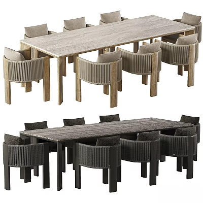 Modern Light And Dark Wood Dining Table Set With Wicker Chairs For Dining Room 3d model