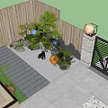 Garden Landscape With Wooden Fence Black Iron Gate Potted Plants And Stones Under Blue Sky