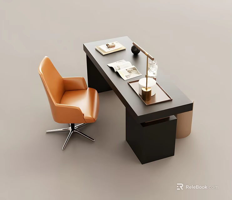 Modern Workspace Desk And Chair Set With Orange Leather Chair Black Table Lamp And Book 3d model 
