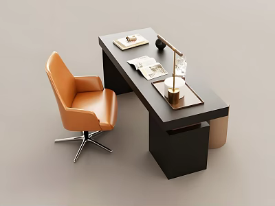 Modern Workspace Desk And Chair Set With Orange Leather Chair Black Table Lamp And Book 3d model