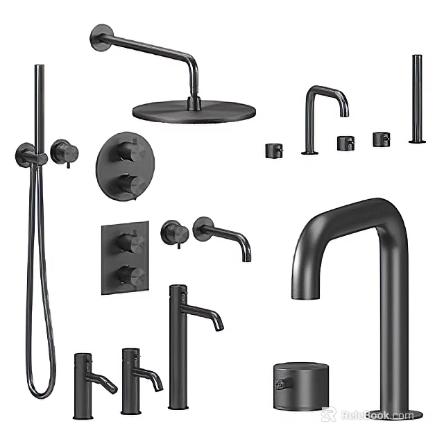 Modern Black Bathroom Faucet Collection With Shower Head Handles And Control Panels 3d model 