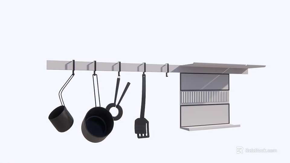 Modern Kitchen Utensils Hanging On Wall Rack With Storage Unit 3d model